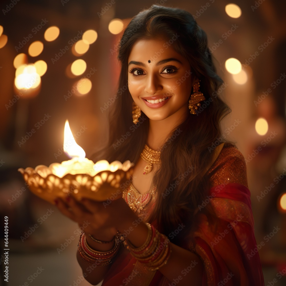 Happy Diwali Indian woman with Diwali diya or oil lamp in hand Diwali festival celebration concept Happy Diwali Indian woman with Diwali diya or oil lamp in hand Diwali festival celebration concept