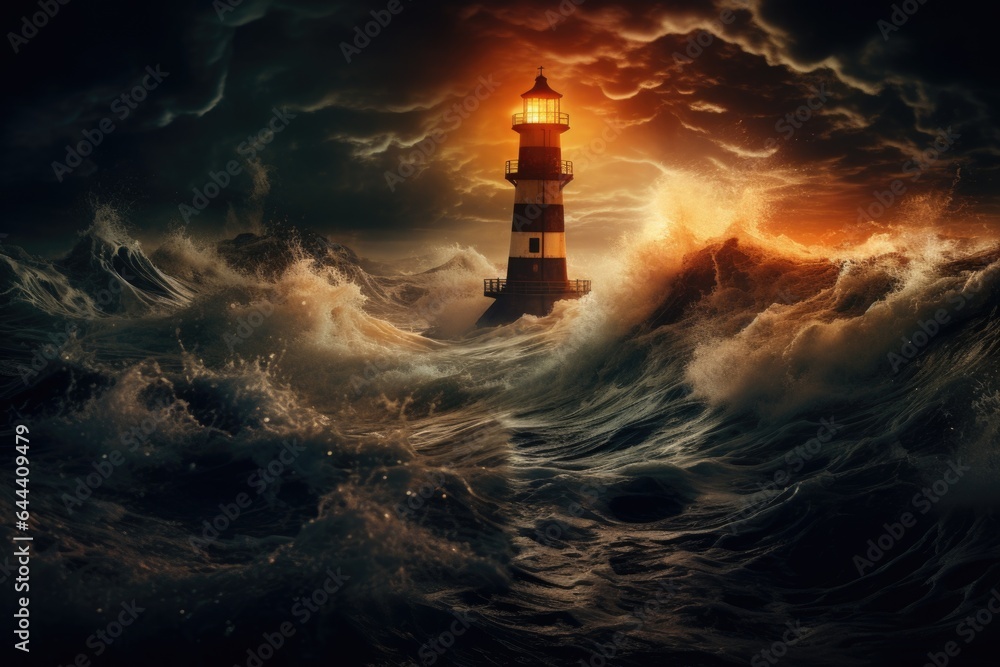 landscape Silhouette of a lighthouse in a stormy sea