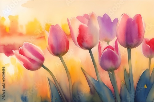 Beautiful tulips flowers. Watercolor. Ai generated illustration #644409694
