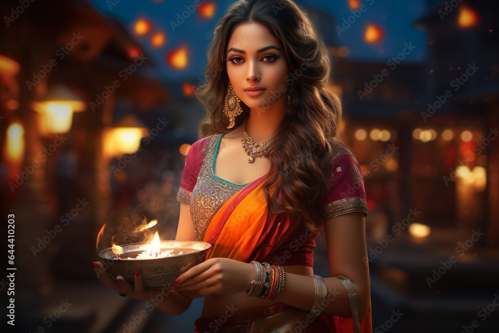 Happy Diwali Indian woman with Diwali diya or oil lamp in hand Diwali festival celebration concept  