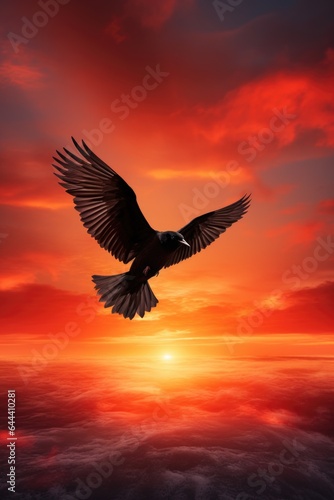 landscape striking silhouette of a bird in flight against the backdrop of sunset