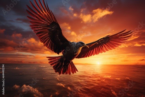 landscape striking silhouette of a bird in flight against the backdrop of sunset © Landscape Planet