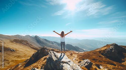 A woman feeling openness on a mountain peak with her arms outstretched. photo
