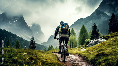 man riding a mountain bike on a mountain trail on a cloudy day