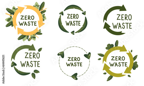 Zero waste labels. Green eco friendly label, reduce waste and recycle icon with plant leaves vector set. No plastic ecological protection logo with green recycling arrows signs