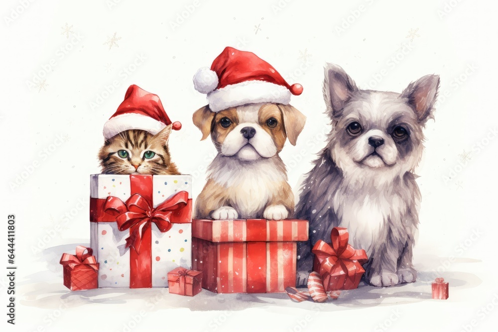 Illustration of a Group of dogs and cats in Santa Claus hats with christmas gifts Illustration of a Group of dogs and cats in Santa Claus hats with christmas gifts