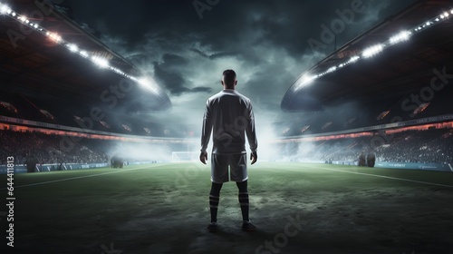 Epic night at stadium with soccer player standing ready on field, back to camera, in spotlight for kickoff © Lucky Ai