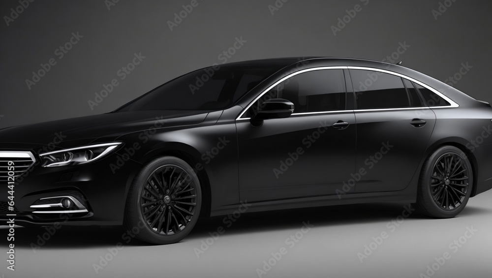 In the spotlight is a sleek, new sedan in black metallic. generic, brandless modern design. 