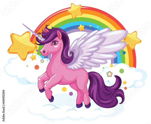 Cute Rainbow Cartoon with Flying Pink Unicorn