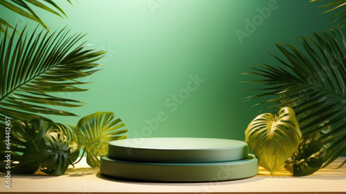 Summer themed tropical podium for display product. Background for cosmetic product branding, identity and packaging
