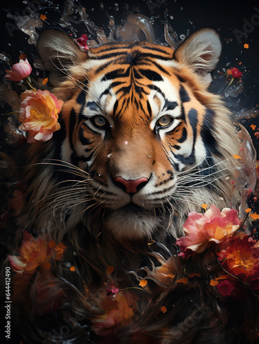 Beautiful tiger wall art with flowers and close up generatieve ai