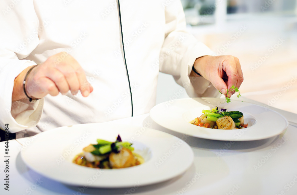 Chef preparing food, meal,  chef cooking in the kitchen, Chef decorating dish,  chef at work