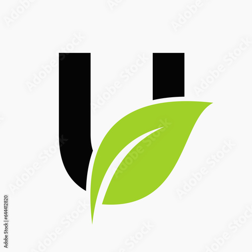 Eco Leaf Logo On Letter U Concept With bio leaf icon