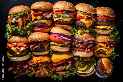 Fast food background. Top view of delicious cheeseburgers with french fries and fresh vegetables. © DenisNata