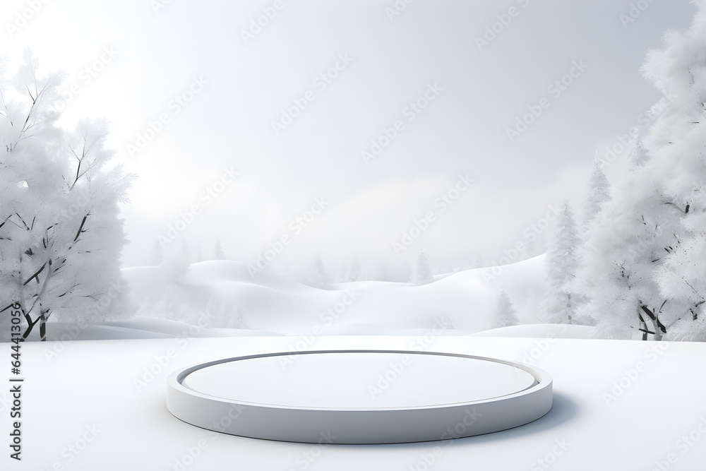 Fototapeta premium 3D podium minimal mock up blank stage with landscape snow winter scene, For product display presentation design, ai generate