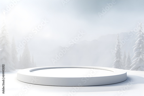 3D podium minimal mock up blank stage with landscape snow winter scene, For product display presentation design, ai generate © Black Pig