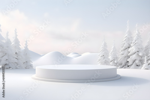 3D podium minimal mock up blank stage with landscape snow winter scene, For product display presentation design, ai generate © Black Pig