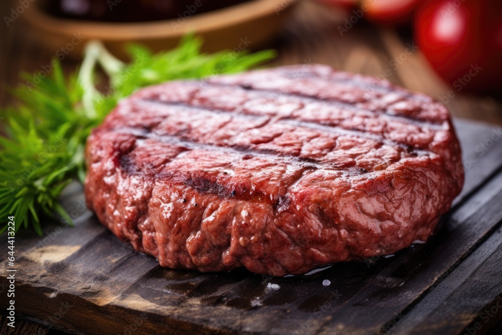 Grilled juicy meat burger patty on wodeen board Grilled juicy meat burger patty on wodeen board