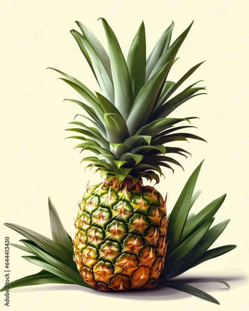 A vector graphic of a pineapple on a white background with a few tropical leaves A vector graphic of a pineapple on a white background with a few tropical leaves