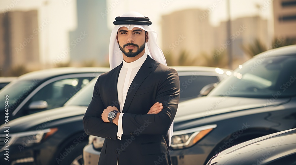 Successful Muslim Arab Businessman in Front of His Luxury Cars