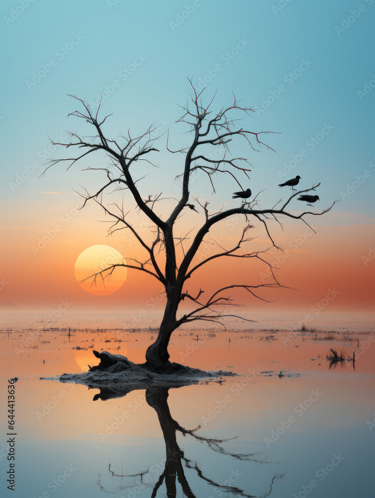 Simple minimalistic landscape with a dead tree generatieve ai Simple minimalistic landscape with a dead tree generatieve ai