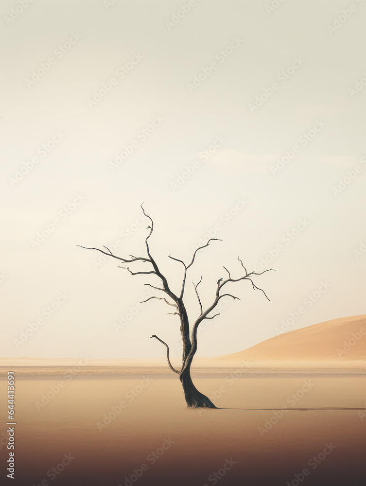 Simple minimalistic landscape with a dead tree generatieve ai