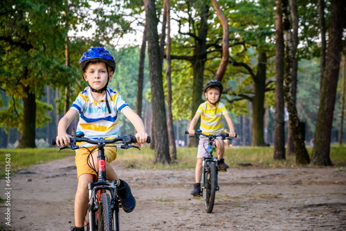 Two little kid boys in colorful casual clothes in summer forest park driving bicycle. Active children cycling on sunny fall day in nature. Safety, sports, leisure with kids concept