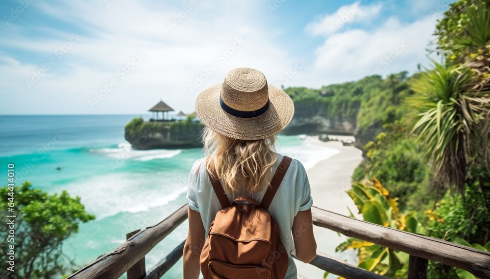 Tourist Woman with Backpack on Vacation in Bali