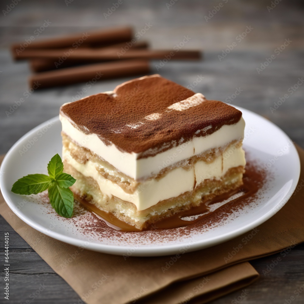 Tiramisu Dessert on the plate close up Tiramisu Dessert on the plate close up