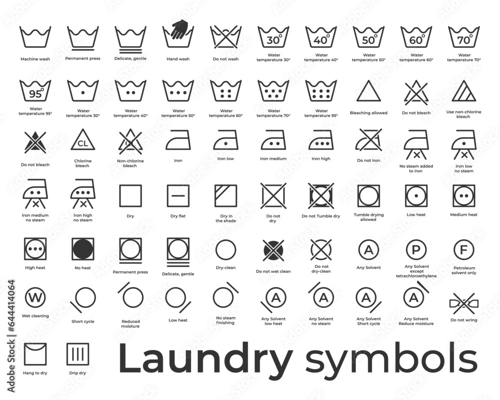 Black Laundry symbols Vector Icons set, full collection Outline set of