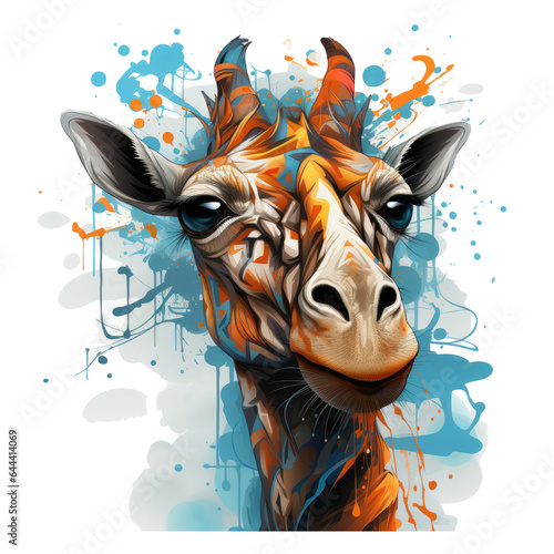 An artistic giraffe t-shirt design portraying a giraffe s graceful neck and head forming a swirling abstract pattern  incorporating vibrant colors  Generative Ai