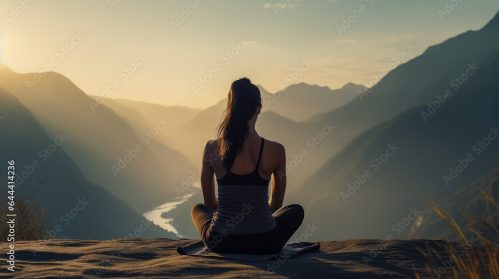 a woman engaged in a yoga session amidst the majestic mountain scenery