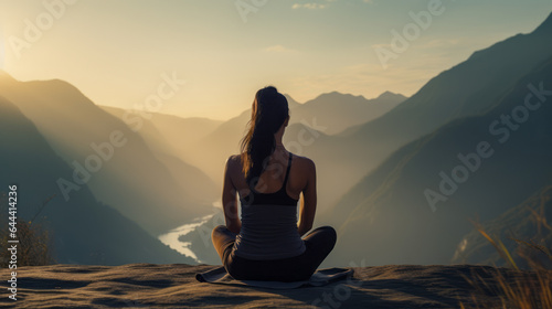 a woman engaged in a yoga session amidst the majestic mountain scenery