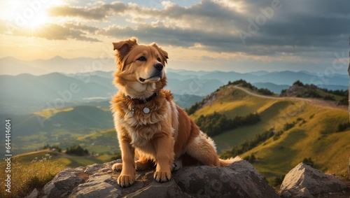 Dog sitting on the mountain top see sun view in nature.