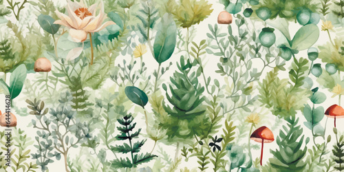 Seamless autumn pattern with muted colours forest leaves, mushrooms, plants and flowers among ferns and foliage, soft muted pastels