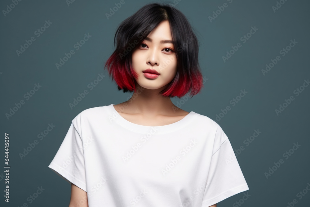 design mockup: beautiful Asian woman with modern short bob hair wearing white blank t-shirt on a bright background design mockup: beautiful Asian woman with modern short bob hair wearing white blank t-shirt on a bright background