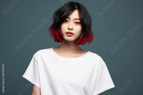 design mockup: beautiful Asian woman with modern short bob hair wearing white blank t-shirt on a bright background