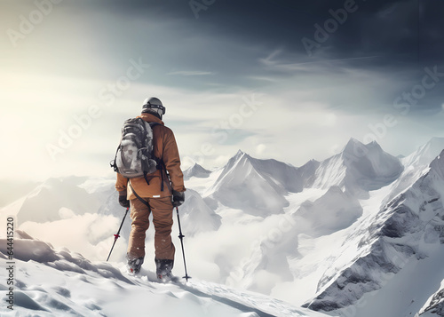 Skifahrer, Schneewanderer auf Berggipfel in verschneiter alpiner Landschaft, erstellt mit generativer KI © rawku5