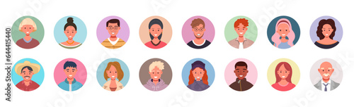 Collection of people avatars. User portraits in circles. Male and female human face icons. Smiling characters vector illustration. 
