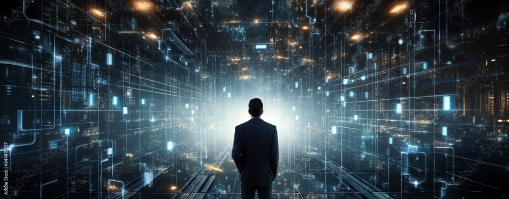 silhouette of a man in the tunnel of the information flow of the global network. Generative Ai silhouette of a man in the tunnel of the information flow of the global network. Generative Ai