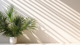 Palm tree in a pot on a light beige background illuminated by the sun's rays. Generative Ai