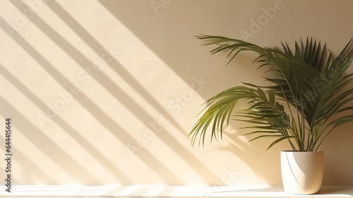 minimalistic interior with decorative tropical plants against the background of a light wall on which the sun's rays play. Generative Ai