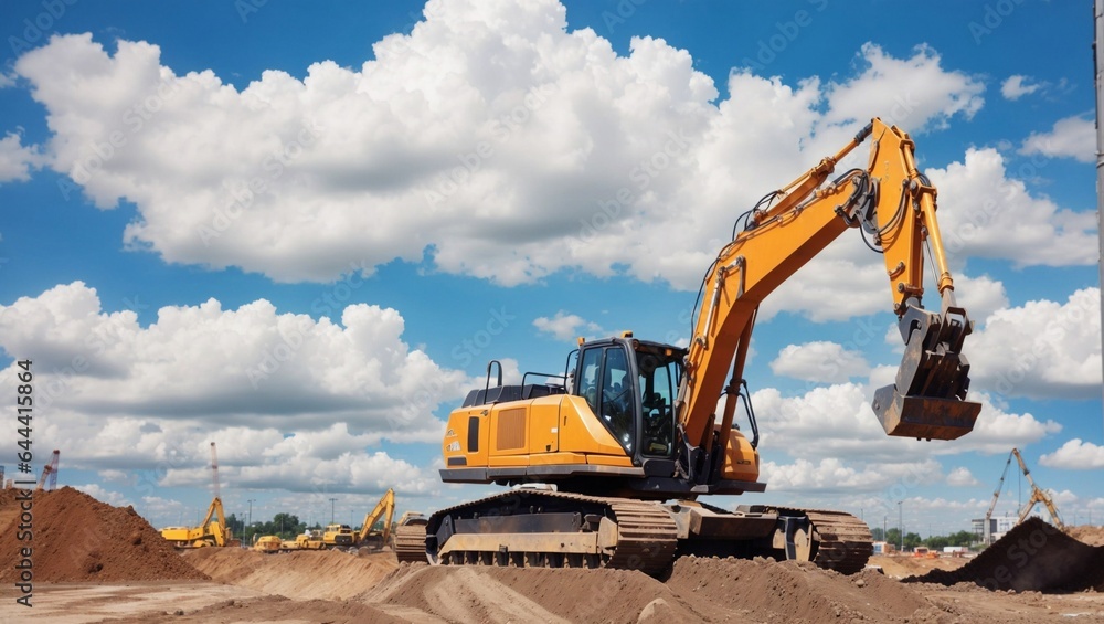 Powerful excavator at a construction site against a blue cloudy sky earthmoving equipment.

