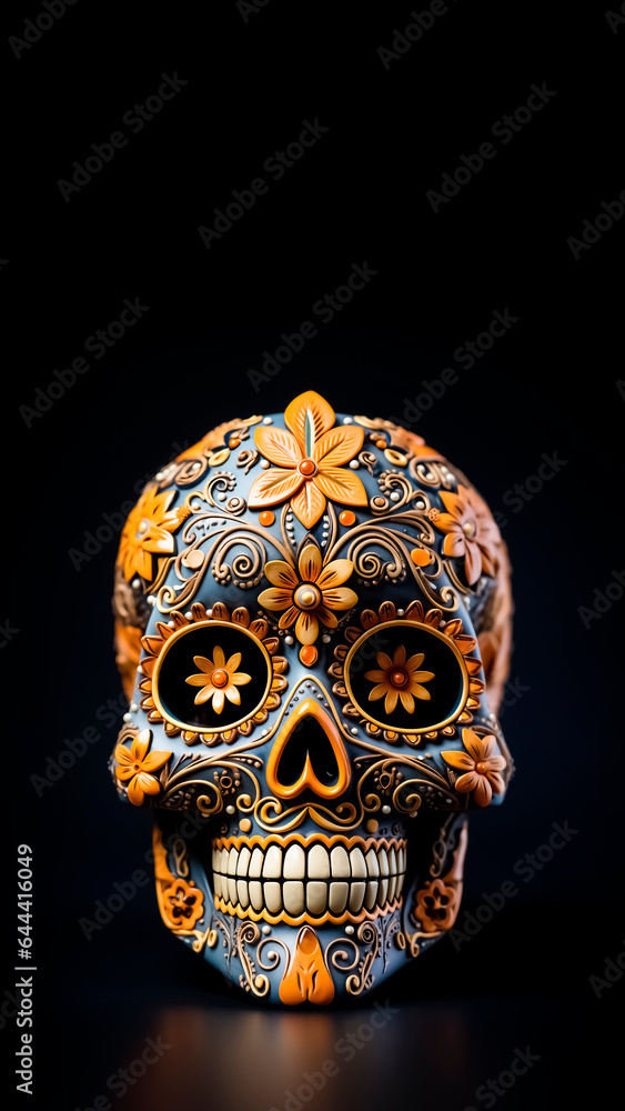 Mexican sugar skull on black background with copy space. Day of the Dead. Dia de los muertos. Halloween. Mexican sugar skull on black background with copy space. Day of the Dead. Dia de los muertos. Halloween.