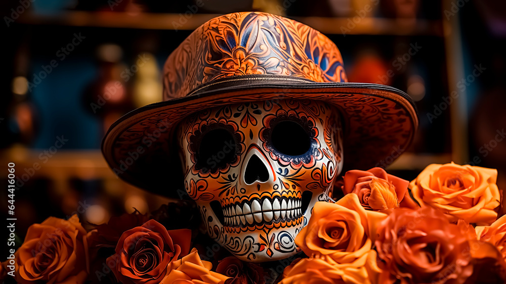 Fototapeta premium Day of the Dead sugar skull in traditional mexican hat with orange roses. Dia de los muertos. Halloween.