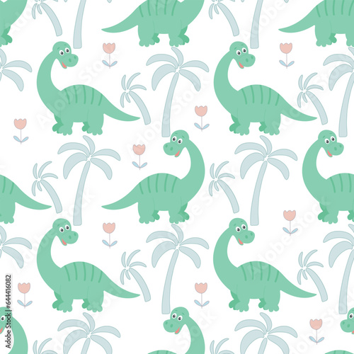 Baby seamless pattern with dinosaurs. Cute dino, palms and flowers background. Prehistoric characters print for textiles, paper, wallpapers. Wild animals, flowers and palms, continuous line vector ill