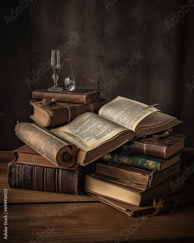 Old shabby books on a table on a wooden background with various accessories