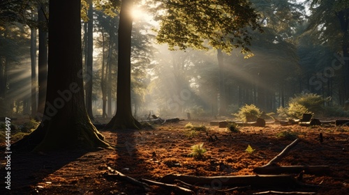 Rays of sun break through the crowns of trees in the forest. Morning sunrise or sunset in the forest.