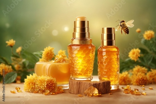 Essential oil in glass bottles and honeycombs on wooden table