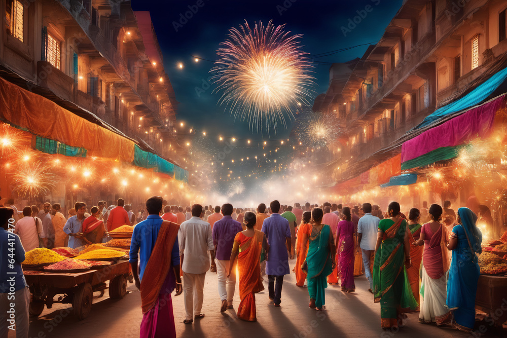 A bustling street in India, with families dressed in vibrant festive attire